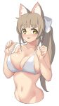  1girl :p absurdres animal_ear_fluff animal_ears arukiru bare_arms bare_shoulders bikini blush bow breasts brown_hair cleavage closed_mouth collarbone cropped_torso hair_bow hands_up highres large_breasts light_brown_hair long_hair looking_at_viewer navel original ponytail pulled_by_self sidelocks simple_background smile solo strap_lift strap_pull string_bikini swimsuit tongue tongue_out upper_body white_background white_bikini white_bow yellow_eyes 
