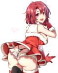  1girl :d alternate_costume ass breasts commentary_request cow_girl_(goblin_slayer!) dated dress from_behind fur-trimmed_dress fur_trim gloves goblin_slayer! highres kankitukou large_breasts looking_at_viewer partial_commentary purple_eyes red_dress red_gloves red_hair santa_dress short_dress short_hair simple_background smile solo thong white_background 