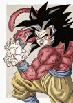  biceps black_hair blue_sash body_fur dragon_ball dragon_ball_gt highres kakeru_(dbskakeru) kamehameha male_focus monkey_boy monkey_tail muscular no_nipples pants red_fur saiyan sash son_goku spiked_hair super_saiyan super_saiyan_4 tail yellow_pants 