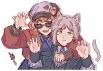  2girls animal_ears arm_around_shoulder black_coat blue_brooch blue_scarf cat_ears cat_girl claw_pose coat collared_shirt commentary english_commentary freckles grey_eyes grey_hair jacket kemonomimi_mode kuva5z lion_ears lion_girl lion_tail long_sleeves looking_at_viewer multiple_girls open_mouth parted_lips red_jacket regulus_(reverse:1999) reverse:1999 scarf shirt simple_background sunglasses tail teeth upper_body vertin_(reverse:1999) white_background white_shirt 