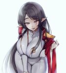  1girl adele_(maplestory) black_hair breasts cape charles_(gu599) knight large_breasts leaning_forward long_hair long_sleeves maplestory open_mouth pointy_ears red_cape seductive_smile smile solo uniform upper_body white_background 