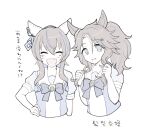  2girls animal_ears bow closed_eyes commentary_request daitaku_helios_(umamusume) ear_covers ear_ornament ear_piercing facing_viewer fang greyscale hair_between_eyes hair_ornament hairclip hand_on_own_hip highres horse_ears horse_girl horse_tail looking_at_viewer medium_hair mejiro_palmer_(umamusume) monochrome multicolored_hair multiple_girls open_mouth piercing ponytail puffy_short_sleeves puffy_sleeves sangria_(sangria69) school_uniform short_sleeves side_ponytail simple_background skin_fang smile streaked_hair tail tracen_school_uniform translation_request umamusume upper_body white_background 