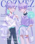  2boys absurdres aqua_hair brothers character_name colored_inner_hair cover cozmez_(paradox_live) fake_magazine_cover group_name hair_bun half_updo highres magazine_cover male_focus miya_(38magical) multicolored_hair multiple_boys paradox_live purple_background purple_eyes purple_hair short_hair siblings twins yatonokami_kanata yatonokami_nayuta 