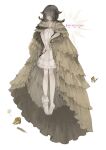  1girl ankle_garter barefoot breasts brown_cloak brown_hair bug butterfly cleavage cloak closed_eyes closed_mouth commentary_request dress feathers frilled_dress frills full_body medium_hair nekosuke_(oxo) original short_dress simple_background sleeveless sleeveless_dress small_breasts solo standing white_background white_dress 