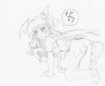  1girl :o all_fours animal_ears bat_wings blush breasts cat_ears demon_tail full_body graphite_(medium) hair_between_eyes head_wings highres kamikiri kemonomimi_mode koakuma long_hair looking_at_viewer looking_back low_wings medium_breasts panties pantyshot pointy_ears shoes short_sleeves sidelocks simple_background sketch skirt skirt_set solo speech_bubble tail touhou traditional_media translation_request underwear vest white_background wings 