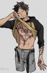  1boy ani3nrtm arm_tattoo belt black_hair boxers chest_tattoo closed_mouth clothes_lift denim dots earrings facial_hair hand_up head_tilt highres hood hoodie jeans jewelry male_focus male_underwear one_piece open_belt pants shirt_lift short_hair simple_background sleeves_rolled_up smile solo tattoo trafalgar_law twitter_username underwear yellow_eyes 