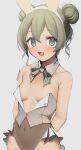  1girl :d animal_ears arms_behind_back bare_shoulders blush bow breasts brown_leotard collar collarbone covered_navel detached_collar double_bun fake_animal_ears green_bow green_eyes green_hair grey_background groin hair_between_eyes hair_bun hairband leotard looking_at_viewer original rabbit_ears simple_background skeptycally small_breasts smile solo twitter_username white_collar white_hairband wing_collar 