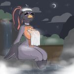  7th-r anthro avian beak big_breasts bird breasts covering covering_breasts crescent_moon eyes_closed feet_in_water female hair hi_res hot_spring moon night non-mammal_breasts partially_submerged ponytail sitting sky solo steam towel towel_only water waterfall 