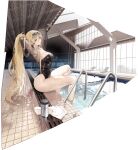  1girl absurdres adjusting_hair armpits arms_behind_head arms_up artist_request azur_lane bare_legs barefoot bismarck_(azur_lane) bismarck_zwei_(azur_lane) bismarck_zwei_(crystal-clear_holiday)_(azur_lane) black_one-piece_swimsuit blonde_hair blue_eyes breasts casual_one-piece_swimsuit cleavage day earrings eyewear_on_head from_side full_body hair_between_eyes hair_tie hair_tie_in_mouth hands_in_hair highleg highleg_swimsuit highres holding holding_hair indoors jacket jewelry knee_up large_breasts legs lens_flare long_hair long_sleeves looking_at_viewer looking_to_the_side mouth_hold necklace non-web_source official_alternate_costume official_art one-piece_swimsuit outdoors parted_lips ponytail pool pool_ladder sidelocks sitting soaking_feet solo sunglasses sunlight swimsuit thighs tinted_eyewear tying_hair very_long_hair water wet wet_clothes wet_hair window 