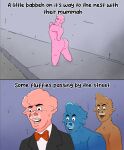  ambiguous_gender animan_studios anthro axel_in_harlem blue_body blue_fur bow_tie brown_body brown_fur clothing english_text fluffy_pony fluffy_pony_(species) fur group hi_res larur mammal meme pink_body pink_fur sidewalk street suit text 