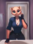  anthro aozee athletic athletic_female bathroom big_breasts blue_eyes breasts cleavage clothed clothing cougar felid feline female fingerless_gloves gloves grizzlygus handwear hi_res holster looking_at_mirror looking_at_object mammal mirror sexy_eyes solo tactical_gear tight_clothing touching_face valerie_(grizzlygus) 