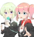  1boy 1girl absurdres aina_ardebit black_hoodie blonde_hair blue_eyes blush breasts cleavage coffee_cup cup disposable_cup food highres holding holding_cup holding_food hood hoodie lio_fotia otoko_no_ko pink_hair pointing popsicle promare purple_eyes short_hair side_ponytail sidelocks simple_background sweatdrop tyooka3244 white_background wrapper 