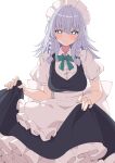  1girl absurdres apron black_dress blue_eyes blush braid breasts closed_mouth collared_shirt dress frilled_apron frilled_dress frills grey_hair highres izayoi_sakuya large_breasts looking_at_viewer maid_apron puffy_short_sleeves puffy_sleeves shirt short_hair short_sleeves simple_background smile solo touhou tsukimirin twin_braids waist_apron white_apron white_background white_shirt 