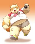  2023 anthro belly blush bottomwear brown_body canid canine clothing debudave_12 hi_res kemono male mammal overweight overweight_male raccoon_dog shirt shorts solo tanuki topwear 