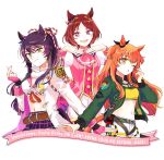  3girls :o animal_ears ascot bandaid bandaid_on_face bandaid_on_nose belt black_hair black_skirt blush bomber_jacket breasts brown_hair chest_sarashi closed_mouth coat crop_top cropped_legs dog_tags english_text finger_heart fingerless_gloves fur-trimmed_jacket fur_choker fur_trim gloves green_jacket hair_ornament hand_up highres horse_ears jacket long_hair long_sleeves looking_at_viewer mayano_top_gun_(umamusume) medium_breasts midriff multiple_girls narita_brian_(umamusume) navel one_eye_closed open_clothes open_coat open_jacket open_mouth orange_hair pink_ascot pink_eyes pink_gloves pink_jacket plaid plaid_skirt ponytail rope sakura_laurel_(umamusume) sarashi shimenawa shirt short_hair shorts simple_background skirt small_breasts smile two_side_up umamusume white_background white_coat white_shorts yellow_eyes yellow_shirt yonu_(yonurime) 