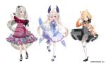  3girls ;q ahoge animal_ear_fluff animal_ears black_footwear black_skirt blue_dress bow cat_ears cat_girl detached_sleeves dress enna_alouette ethyria footwear_bow gradient_dress gradient_hair grey_footwear grey_hair hair_ornament hairclip head_wings high-waist_skirt high_ponytail highres long_hair lucie_(millie_parfait) mary_janes millie_parfait multicolored_hair multiple_girls nijisanji nijisanji_en off-shoulder_dress off_shoulder official_art one_eye_closed open_mouth orange_shirt pantyhose pink_eyes purple_eyes purple_wings red_dress reimu_endou sample_watermark shirt shoes short_hair sinomi skirt smile standing standing_on_one_leg thighhighs tongue tongue_out twintails very_long_hair white_pantyhose white_thighhighs wings 