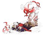  1boy 1girl akari_(pokemon) ban_(ban62460424) commentary_request hair_over_one_eye hands_on_own_face hat head_scarf hisuian_zoroark hisuian_zorua lying on_ground on_stomach pokemon pokemon_(creature) pokemon_(game) pokemon_legends:_arceus red_scarf rei_(pokemon) scarf taking_picture yellow_eyes 