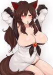 1girl animal_ears black_panties blush breasts brown_hair cleavage commentary dress grey_background highres huge_breasts imaizumi_kagerou long_hair long_sleeves panties red_eyes simple_background skindentation solo tail touhou tying_hair underwear washiwa white_dress wolf_ears wolf_girl wolf_tail 