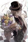  1boy absurdres black_headwear black_ribbon black_shirt blonde_hair blue_eyes bouquet braid bungou_stray_dogs checkered_floor collared_shirt confetti cowboy_shot dated fedora flower french_braid gloves grey_pants grey_vest hair_over_one_eye hair_ribbon hand_on_own_hip happy_birthday hat haveanicedream highres holding holding_bouquet jacket jacket_on_shoulders lapel_pin long_hair looking_at_viewer low_ponytail male_focus necktie pants parted_lips paul_verlaine_(bungou_stray_dogs) print_necktie purple_flower purple_rose red_necktie ribbon rose shirt smile solo streamers vest white_gloves white_jacket yellow_flower yellow_rose 