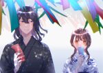  1boy 1girl black_eyes black_hair black_kimono blueenpty blurry blurry_foreground blush brown_eyes brown_hair closed_mouth commentary_request covering_mouth dappled_sunlight hair_between_eyes highres holding_tanzaku iwato_suzume japanese_clothes kimono light_particles long_hair looking_at_another looking_at_viewer low_twintails medium_hair mole mole_under_eye munakata_souta single_sidelock sunlight suzume_no_tojimari tanzaku twintails underwear unmoving_pattern white_kimono yukata 