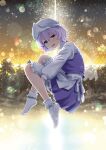  1girl apron artist_request blue_skirt blue_vest bobby_socks fetal_position full_body highres letty_whiterock light_particles light_purple_hair long_sleeves official_art parted_lips puffy_sleeves purple_eyes purple_hair shirt short_hair skirt skirt_set socks solo strange_creators_of_outer_world touhou tree vest waist_apron white_apron white_headwear white_shirt white_socks 