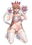  1girl absurdres animal_ears animal_hands bra breasts brown_hair cat_cutout cat_ear_panties cat_ears cat_lingerie cat_tail chainsaw_man cleavage cleavage_cutout clothing_cutout coat commentary_request cross-shaped_pupils demon_horns dogs_(dlrkdejr26) frilled_bra frills full_body gloves hair_between_eyes halterneck highres horns kneeling korean_commentary large_breasts lock long_hair looking_at_viewer meme_attire mixed-language_commentary navel orange_eyes padlock padlocked_collar panties paw_gloves paw_pose paw_shoes power_(chainsaw_man) red_horns sharp_teeth side-tie_panties simple_background solo string_panties symbol-shaped_pupils tail teeth thighhighs underwear underwear_only very_long_hair white_background white_bra white_coat white_footwear white_gloves white_panties white_thighhighs 