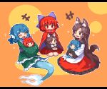  3girls animal_ears blue_bow blue_hair bow brown_hair character_doll closed_eyes closed_mouth fins grass_root_youkai_network hair_bow head_fins imaizumi_kagerou kumamoto_(bbtonhk2) long_hair lowres mermaid monster_girl multiple_girls open_mouth pixel_art red_eyes red_hair sekibanki short_hair smile tail touhou wakasagihime wolf_ears wolf_tail 