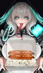  1girl aqua_eyes aqua_wings arknights breasts coat dark_background dress feathered_wings food forked_tongue giving grey_hair hair_between_eyes head_wings highres ho&#039;olheyak_(arknights) holding holding_food incoming_food infection_monitor_(arknights) kinohara_kossuta large_breasts long_coat long_sleeves long_tongue looking_at_viewer open_clothes open_coat rice sausage short_hair sidelocks slit_pupils solo straight-on teeth tongue tongue_out upper_body upper_teeth_only very_long_tongue white_dress wings 