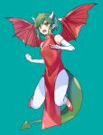  1girl blue_background clenched_hand draco_centauros dragon_girl dragon_horns dragon_tail dragon_wings dress flying gloves green_hair highres horns kashima_miyako open_mouth pants pointy_ears puyopuyo red_dress red_footwear red_wings short_hair side_slit simple_background solo tail teeth upper_teeth_only white_gloves white_horns white_pants wings yellow_eyes 