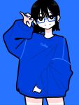  1girl black_eyes black_hair blue_background blue_nails blue_sweater blunt_bangs claw_pose closed_mouth commentary daikei_625 double-parted_bangs fingernails glasses hand_up head_tilt highres long_sleeves looking_at_viewer nail_polish no_pants original puffy_long_sleeves puffy_sleeves semi-rimless_eyewear short_hair simple_background smile solo standing sweater under-rim_eyewear 
