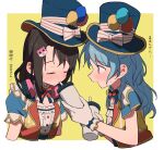  2girls bang_dream! bear_hair_ornament blue_hair blue_headphones blue_headwear blush border bow brown_hair closed_eyes coldcat. cropped_arms cropped_torso cup dot_nose drinking feeding flat_chest gloves hair_ornament hat hat_bow headphones headphones_around_neck holding holding_cup idol_clothes jacket long_hair matsubara_kanon multiple_girls nose_blush okusawa_misaki open_clothes open_jacket open_mouth puffy_short_sleeves puffy_sleeves purple_eyes raised_eyebrows red_jacket shirt short_sleeves sidelocks striped striped_bow sweat top_hat translation_request white_border white_bow white_gloves white_shirt yellow_background yuri 