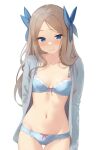  1girl asakaze_(kancolle) blue_bra blue_eyes blue_panties blue_ribbon blush bra collarbone cowboy_shot groin hair_ribbon highres kantai_collection light_brown_hair long_hair long_sleeves navel open_clothes panties ribbon sakieko simple_background solo thigh_gap underwear white_background 