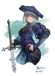  1girl breasts flamberge grey_eyes grey_hair hand_on_own_hip hat highres holding holding_sword holding_weapon landsknecht looking_at_viewer medium_breasts nrcgray original renaissance renaissance_clothes short_hair signature solo sword weapon 