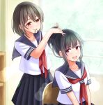  2girls absurdres awazake_(2wairu) black_hair blue_sailor_collar blue_skirt blurry blurry_background blush brown_hair chair closed_mouth collarbone commentary_request hair_tie hair_tie_in_mouth hands_up highres long_hair looking_at_another looking_back mouth_hold multiple_girls neckerchief open_mouth original ponytail purple_eyes red_eyes red_neckerchief revision sailor_collar school_uniform serafuku shirt short_hair short_sleeves sitting skirt smile standing summer_uniform white_shirt window yuri 