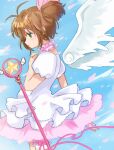  1girl blue_sky brown_hair cardcaptor_sakura cloud cloudy_sky dress female_child green_eyes kinomoto_sakura kuroneko1523 magical_girl sky solo wand white_dress wings 