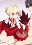  1boy 1girl ahoge bikini black_hair blonde_hair blue_eyes braid breasts censored collarbone criss-cross_halter dragon_claw dragon_tail elbow_gloves facial_mark fate/grand_order fate_(series) french_braid fujimaru_ritsuka_(male) gloves hair_bun hair_intakes halterneck hetero highres long_hair mapar mosaic_censoring nero_claudius_(fate) nipples nude penis queen_draco_(fate) queen_draco_(second_ascension)_(fate) red_bikini red_eyes scales short_hair single_glove sitting small_breasts smile swimsuit tail tail_wrap tailjob thighs wariza white_gloves 