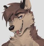  anthro canid canine canis fur goblinad hi_res male mammal multicolored_body multicolored_fur portrait purple_eyes shirtless shirtless_male smile solo teeth wolf 
