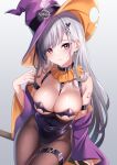  1girl absurdres azur_lane bare_shoulders between_breasts black_hair black_leotard black_pantyhose blush breastless_clothes breasts broom broom_riding commission cosplay dunkerque_(azur_lane) gradient_hair grey_hair guri_(gri1211) halloween_costume hand_up hat heart heart_tattoo highres large_breasts leotard long_hair looking_at_viewer memphis_(azur_lane) memphis_(azur_lane)_(cosplay) multicolored_hair official_alternate_costume pantyhose red_eyes shoulder_tattoo skeb_commission smile solo tattoo thigh_strap tilted_headwear witch_hat 