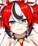  1girl animal_ears black_hair blue_eyes blush breasts cheese choker close-up dice food hakos_baelz hololive large_breasts looking_at_viewer mouse_ears multicolored_hair red_hair simple_background smile solo upper_body virtual_youtuber white_background white_hair zou_eita 