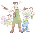  1boy 1girl alternate_costume anabel_(pokemon) apron basket blush boots brown_footwear collared_shirt croagunk flower full_body gloves green_apron hat holding holding_basket holding_flower holding_shovel leaf leaf_on_head looker_(pokemon) multiple_views musical_note oddish pokemon pokemon_(creature) pokemon_(game) pokemon_sm purple_hair red_flower rose shirt shovel smile straw_hat sweat vergolophus white_background white_shirt 