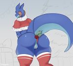  anthro big_butt butt cheesybulka christmas claws clothing clothing_aside female genitals hi_res holidays horn kobold leaning leaning_forward legwear looking_at_viewer mistletoe panties panties_aside plant pussy solo stockings tail thressa_saye_(valnur) underwear underwear_aside 