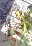  2girls absurdres animal_ears blonde_hair blush breasts camisole fang grey_hair grey_shorts highres hololive horns hug large_breasts light_leo lion_ears lion_girl lion_tail long_hair multiple_girls open_mouth pillow sheep_girl sheep_horns shishiro_botan shishiro_botan_(4th_costume) short_shorts shorts skin_fang tail tsunomaki_watame tsunomaki_watame_(5th_costume) virtual_youtuber white_camisole yuri 