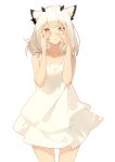  1girl alternate_costume arknights bare_shoulders covering_face dress highres indai_(3330425) long_hair looking_at_viewer orange_eyes owl_ears owl_girl pointy_hair ptilopsis_(arknights) simple_background solo white_background white_dress white_hair 