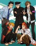  5boys akai_suzaku black_hair blonde_hair brown_hair cat double_v gakuran glasses hair_ornament hairclip hazama_michio idolmaster idolmaster_side-m iwa_(iwa000ima) kurono_genbu maita_rui male_focus multiple_boys necktie nyako_(idolmaster) official_alternate_costume red_hair role_reversal s.e.m_(idolmaster) scar school_uniform shinsoku_ikkon_(idolmaster) squatting teacher_and_student v yamashita_jiro 