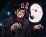  1boy =_= bead_bracelet beads beard black_hair black_headwear black_nails blush bracelet collared_coat cosplay dark-skinned_male dark_skin dracko_(panqlao) facial_hair flower flower-shaped_pupils ghost ghost_pose grin hat hat_flower hat_ornament hu_tao_(genshin_impact) hu_tao_(genshin_impact)_(cosplay) jewelry looking_at_viewer male_focus original panqlao plum_blossoms porkpie_hat short_hair sideburns smile solo symbol-shaped_pupils thick_eyebrows upper_body 