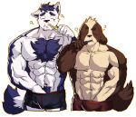  2boys animal_ear_fluff animal_ears bara blue_doggo_(ttn) blue_fur blue_hair boxer_briefs brushing_teeth bulge chest_tuft dog_boy dog_ears goatee_stubble hand_under_clothes highres large_pectorals male_focus male_underwear multiple_boys muscular muscular_male nipples original pectorals runny_nose short_hair sleep_bubble snot thick_eyebrows topless_male ttn_(239_239) two-tone_fur underwear waking_up white_fur 