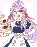  1girl :d apron blue_bow blue_dress bow cake commentary_request detached_sleeves dress fire_emblem fire_emblem:_genealogy_of_the_holy_war fire_emblem_heroes food fukui hair_ribbon korean_commentary long_hair looking_at_viewer maid_apron maid_headdress official_alternate_costume open_mouth ponytail puffy_short_sleeves puffy_sleeves purple_eyes purple_hair red_ribbon ribbon short_sleeves smile solo tailtiu_(fire_emblem) tailtiu_(tea_party)_(fire_emblem) teeth tiered_tray upper_body upper_teeth_only very_long_hair 