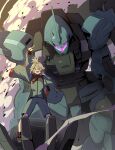  1girl assault_visor asticassia_school_uniform brown_eyes dilanza felsi_rollo full_body green_jacket gundam gundam_suisei_no_majo hand_on_own_hip highres jacket light_brown_hair looking_at_viewer mecha mobile_suit open_mouth pointing pointing_up robot school_uniform shoes shorts smile solo syope topknot 