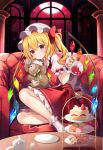  1girl blonde_hair bow cake flandre_scarlet food fruit hat highres jacket looking_at_viewer macaron mob_cap moon plate red_bow red_eyes red_jacket red_nails red_skirt red_sky ruhika scarlet_devil_mansion shirt sitting skirt sky smile solo strawberry strawberry_shortcake strawberry_slice stuffed_animal stuffed_toy teapot teddy_bear tiered_tray touhou white_headwear white_shirt 