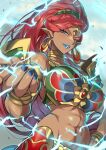  1girl abs absurdres blue_eyes blue_lips blue_nails bracelet breasts crescent crescent_earrings dark-skinned_female dark_skin earrings electricity hand_on_own_hip highres jewelry large_breasts long_hair midriff pointy_ears red_hair ring senri_gan the_legend_of_zelda the_legend_of_zelda:_breath_of_the_wild urbosa 